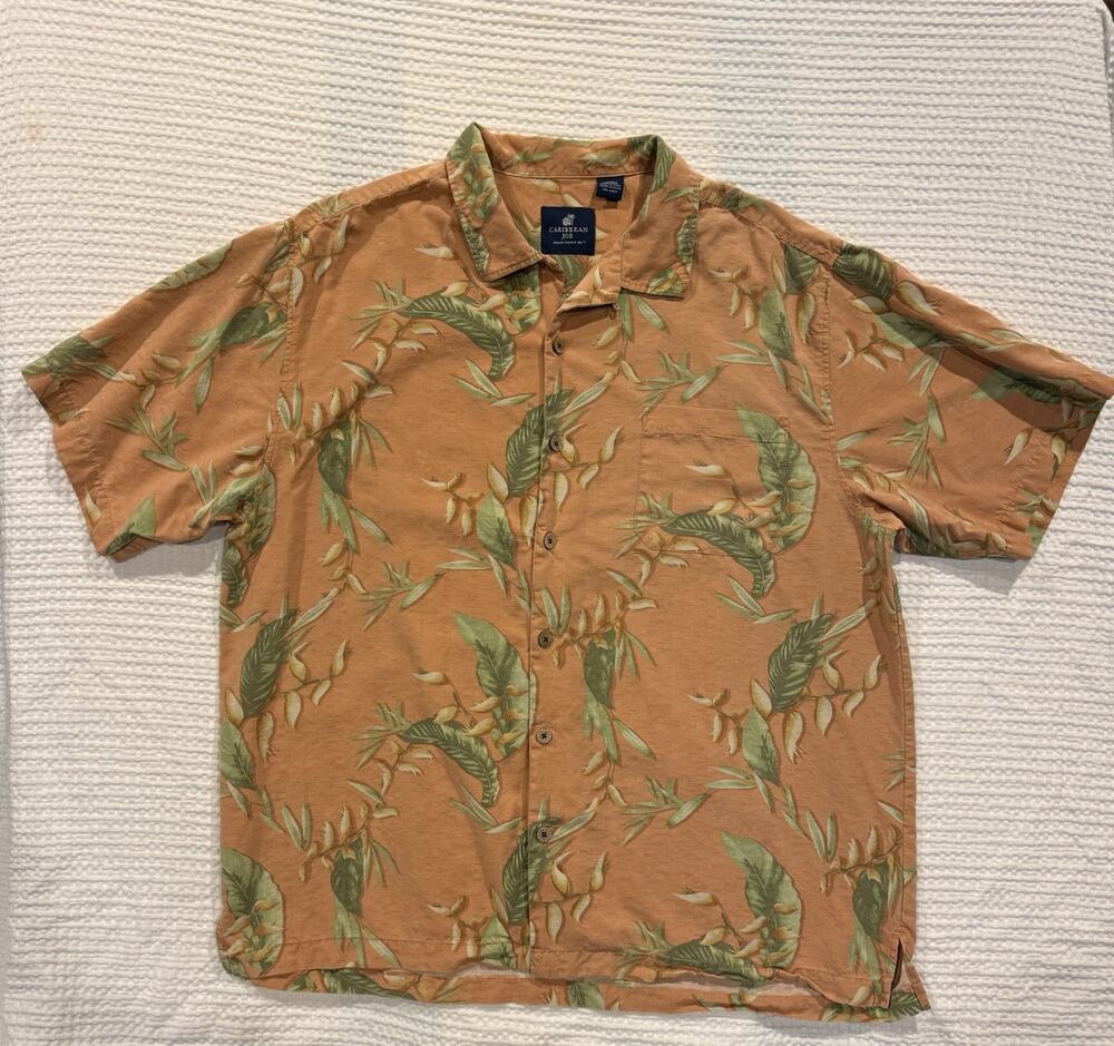 Caribbean Joe Men's XXL Silk Hawaiian Floral Tropical Button Up Shirt Pockets